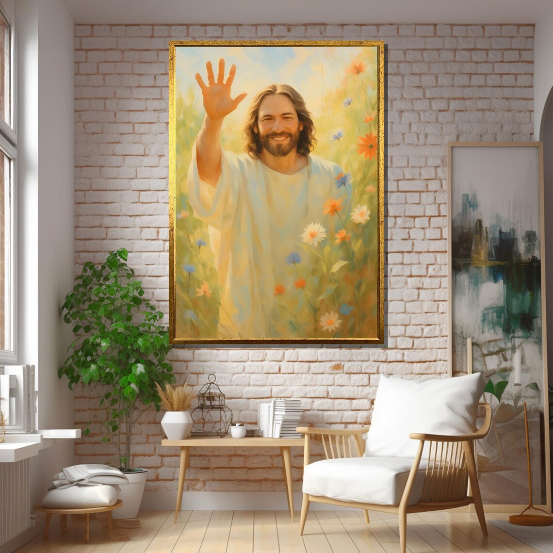 Peaceful Jesus in Floral Field, Christian Decor - Image 5