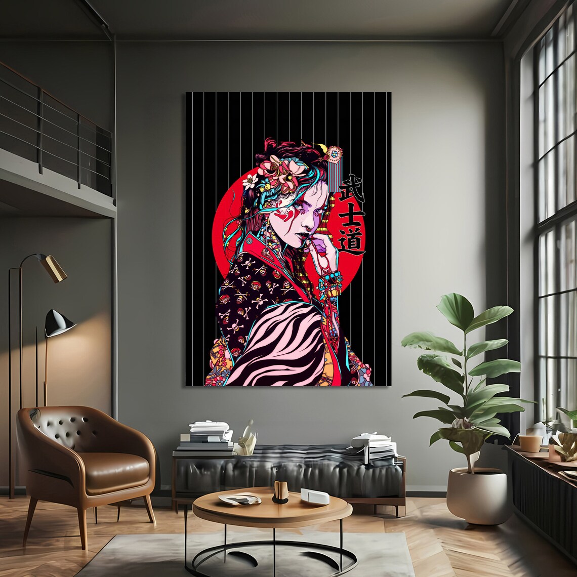 Women Samurai Portrait, Floral Accents Art Print - Image 3