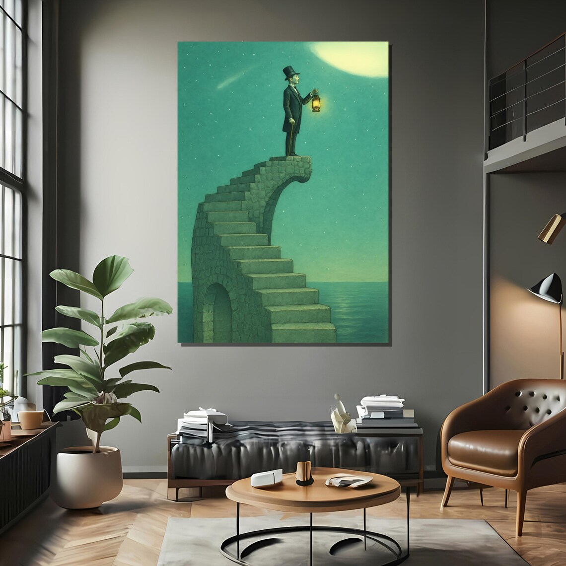 Gentleman with Lantern on Surreal Stairway to the Moon Poster - Image 2