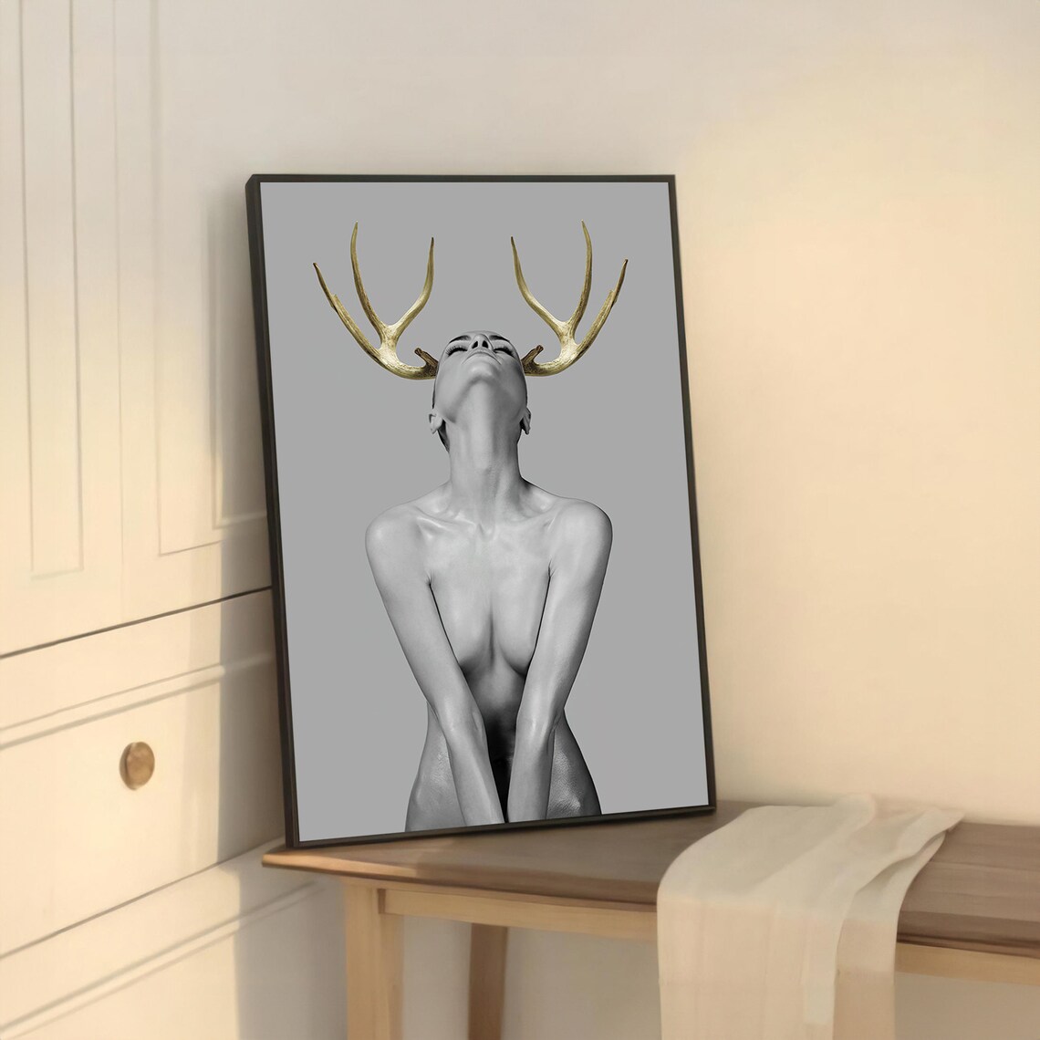 Ethereal Nude Woman With Golden Antlers, Minimalist Art Print - Image 5