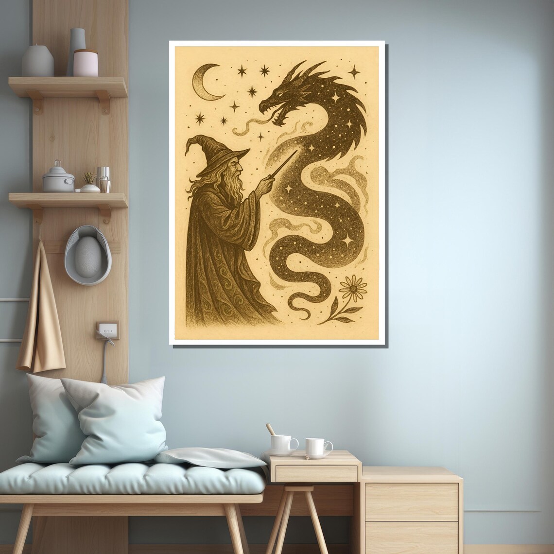 Magical Fantasy Wizard And Dragon Vintage Illustration - Image 3
