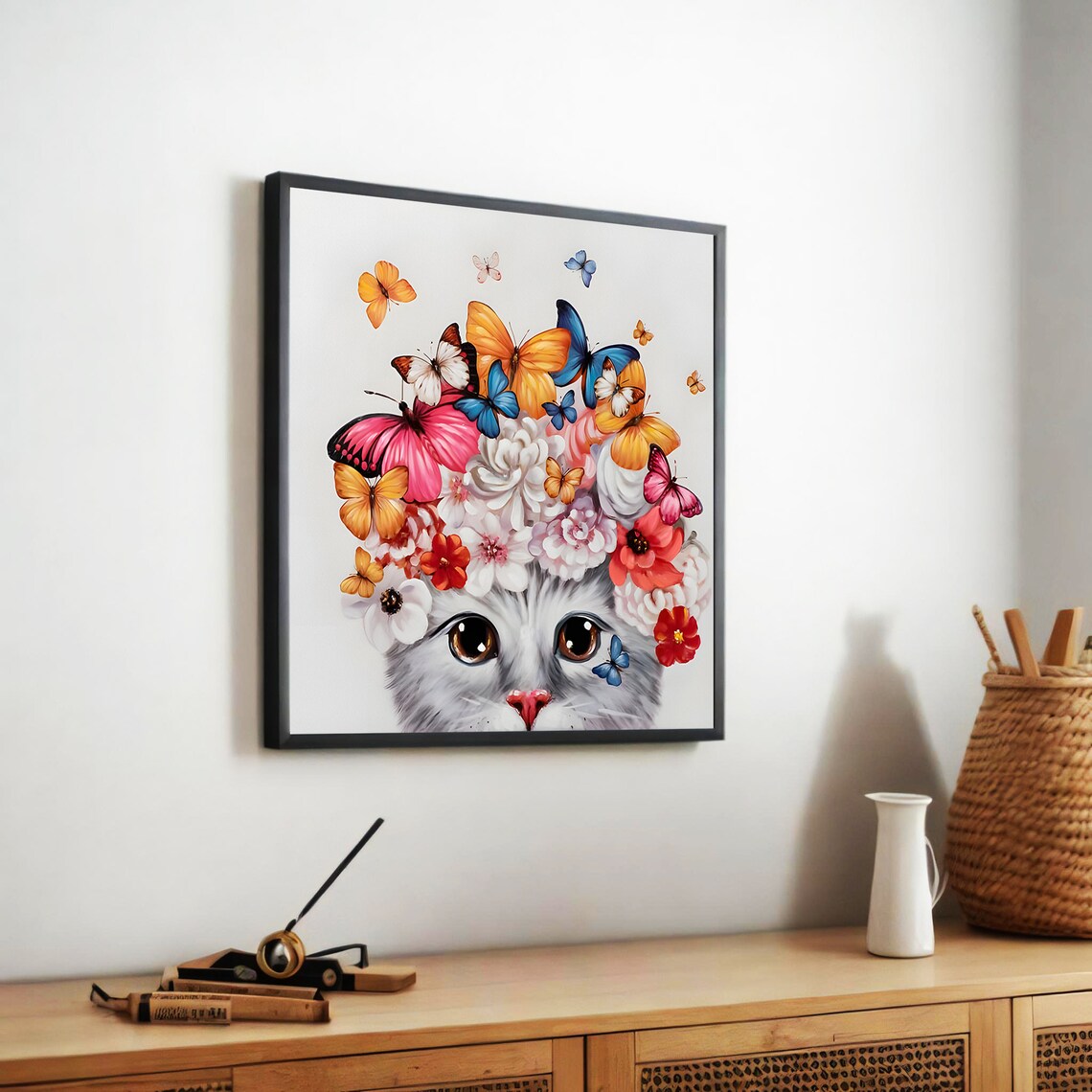Cute Cat With Butterfly And Flower Crown, Kids Room - Image 5