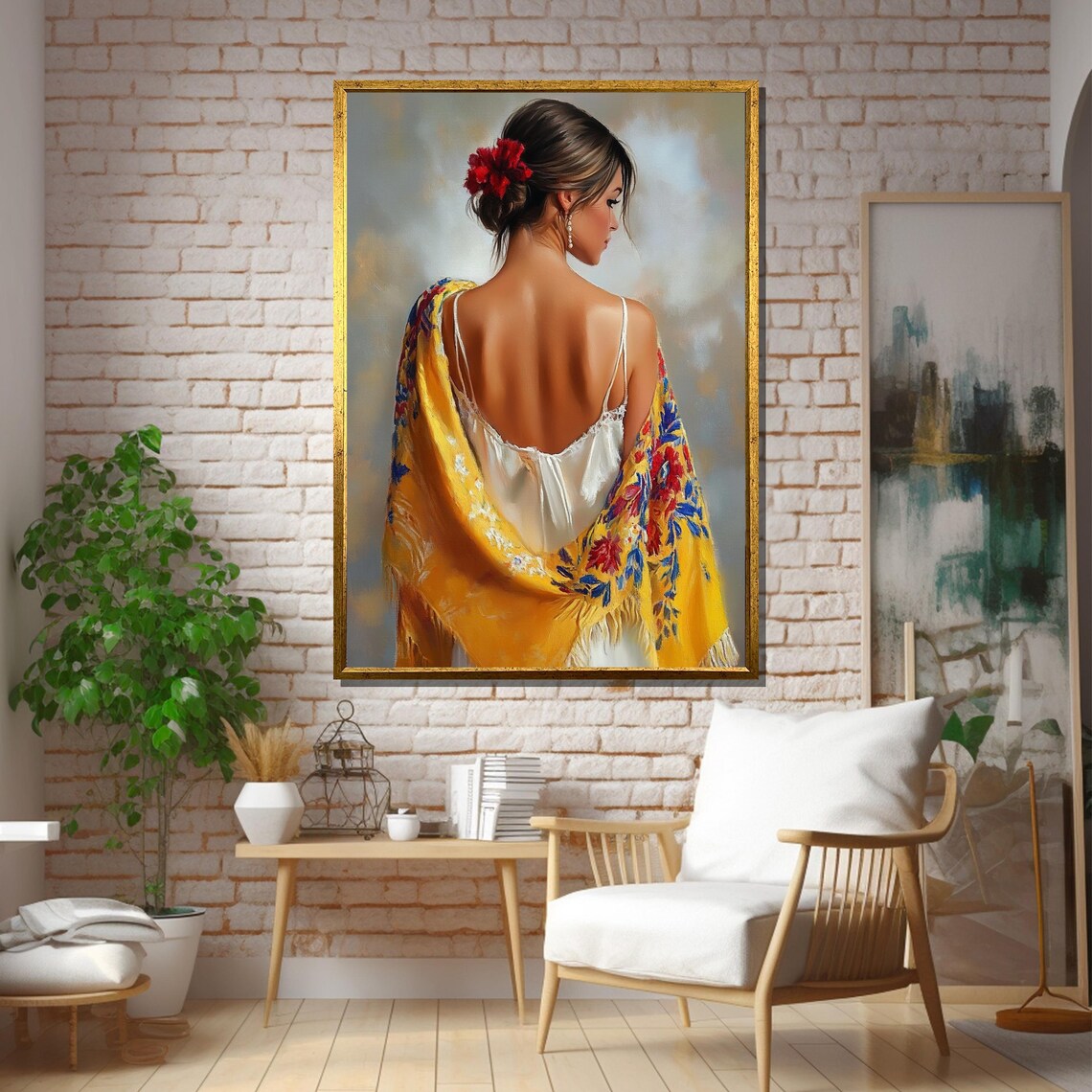Woman With Yellow Floral Shawl, Elegant Ethnic Decor - Image 5