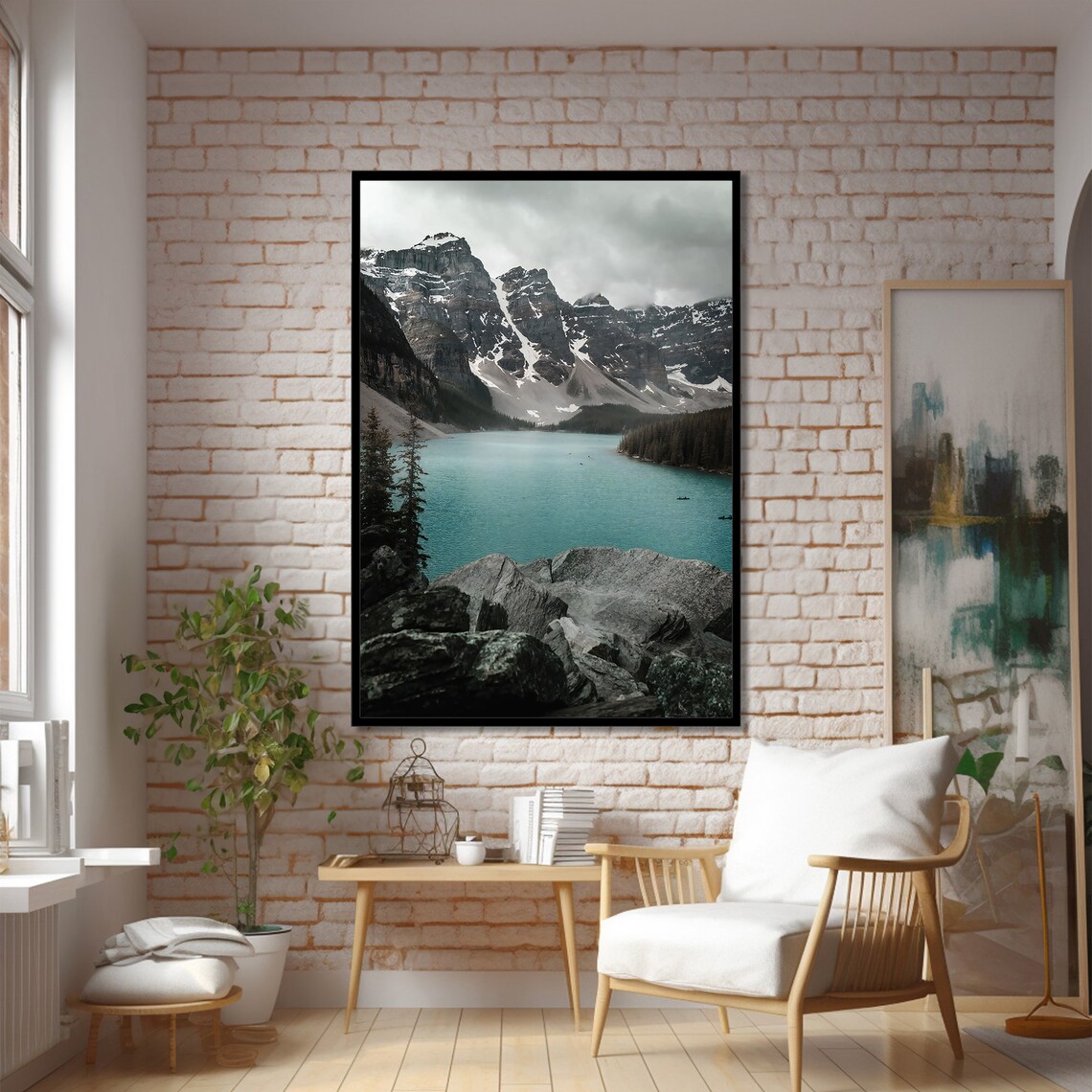 Serene Mountain Lake And Snowy Peaks Landscape Art Print - Image 2