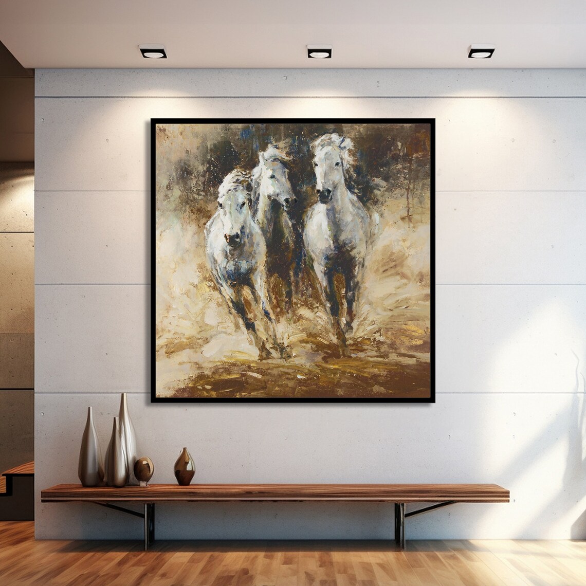 Galloping White Horses, Abstract Modern Animal Decor - Image 2