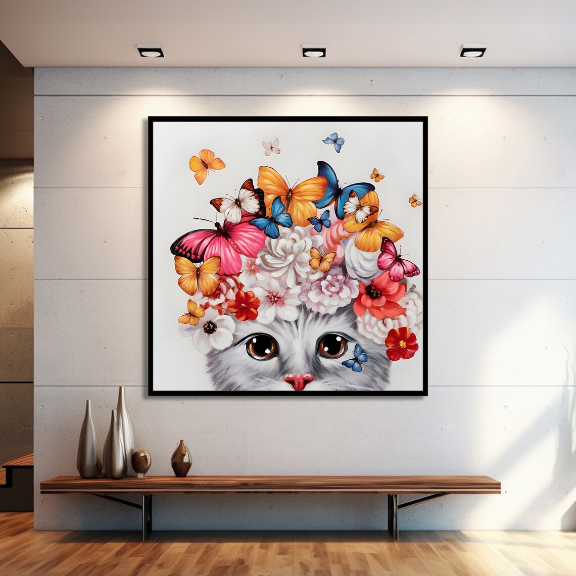 Cute Cat With Butterfly And Flower Crown, Kids Room - Image 2