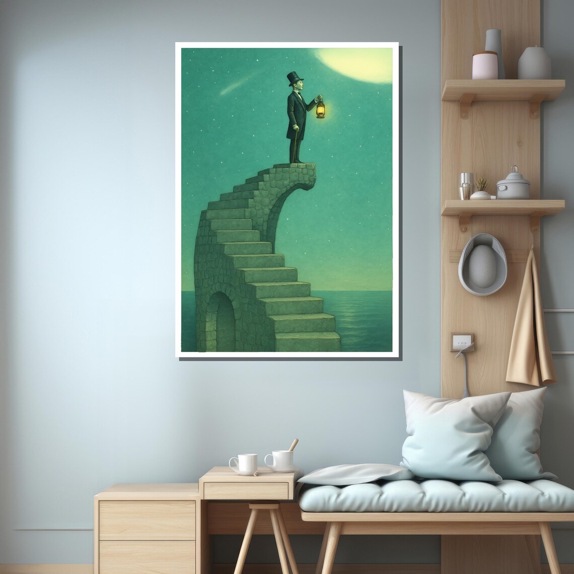 Gentleman with Lantern on Surreal Stairway to the Moon Poster - Image 3