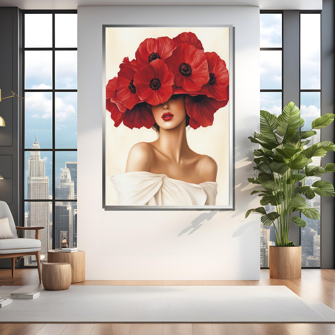 Woman With Red Poppies Hat, Elegant Floral Portrait - Image 3