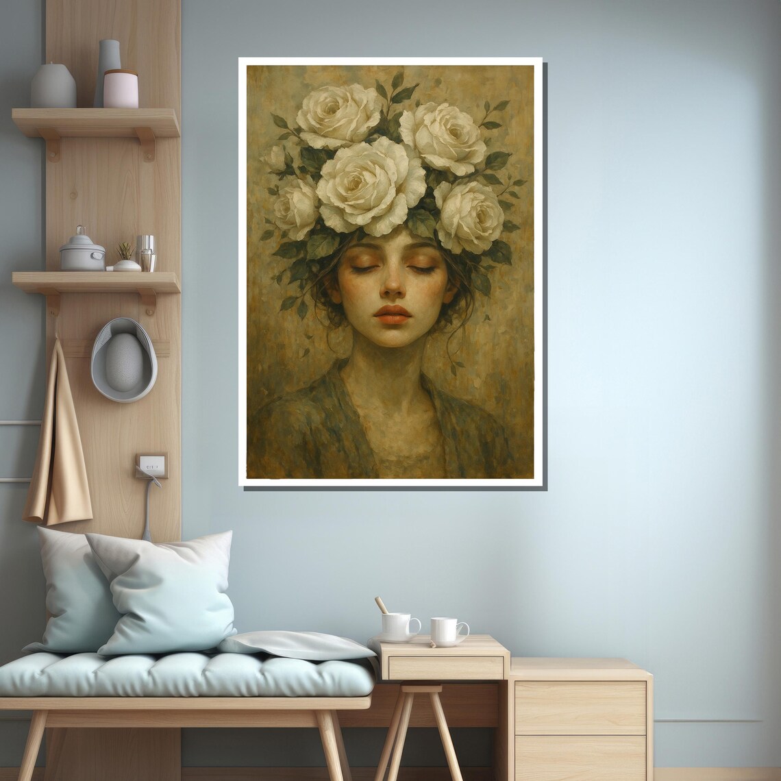 Dreamy Woman With White Roses Art Print - Image 3
