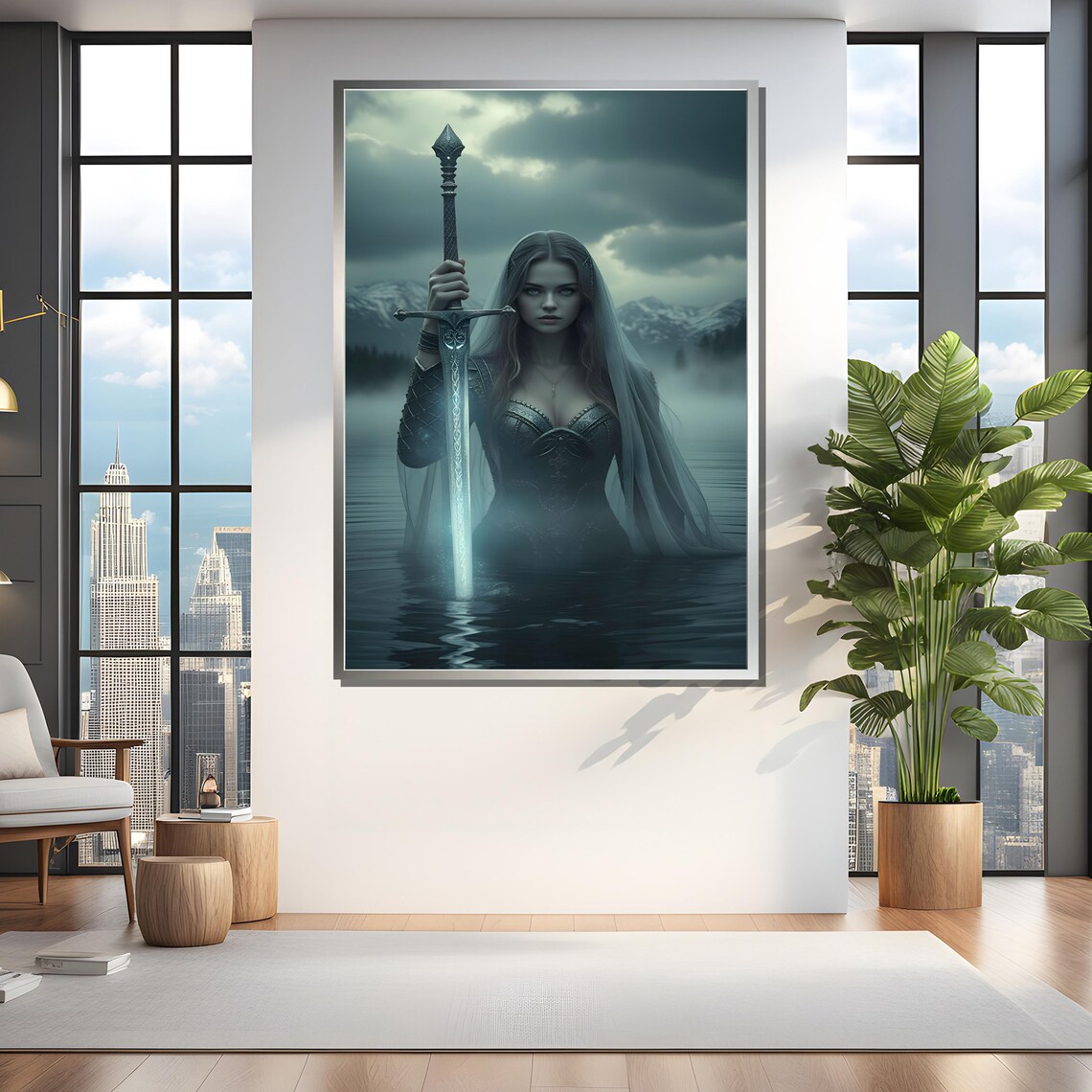 Mythic Lady With Sword in Mist Art Print - Image 4