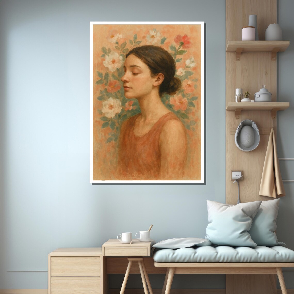 Serene Woman With Flowers Art Print - Image 3