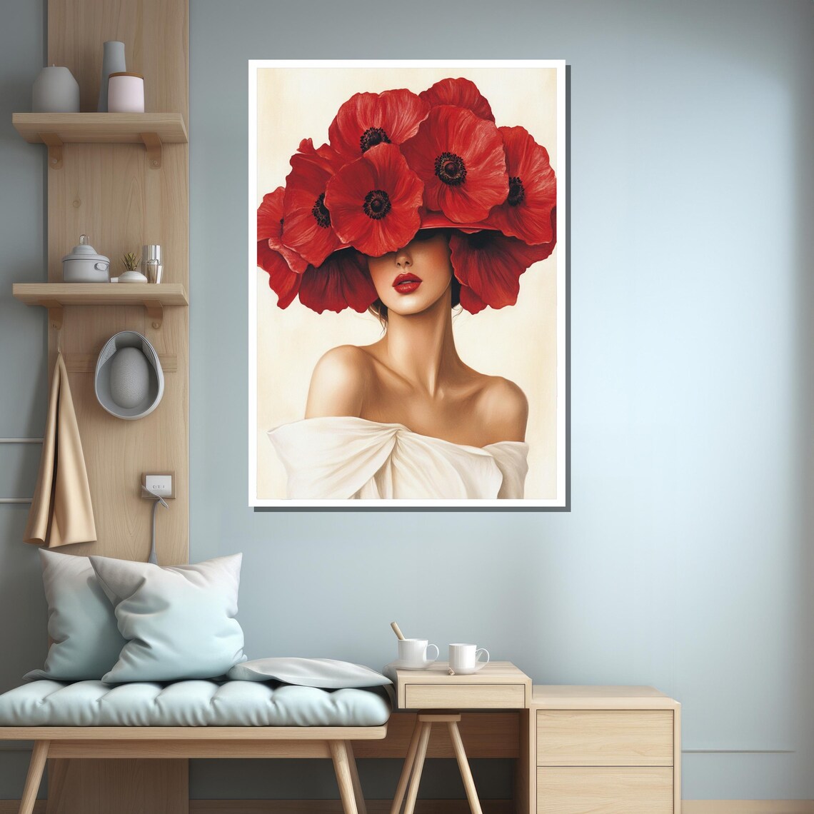 Woman With Red Poppies Hat, Elegant Floral Portrait - Image 2