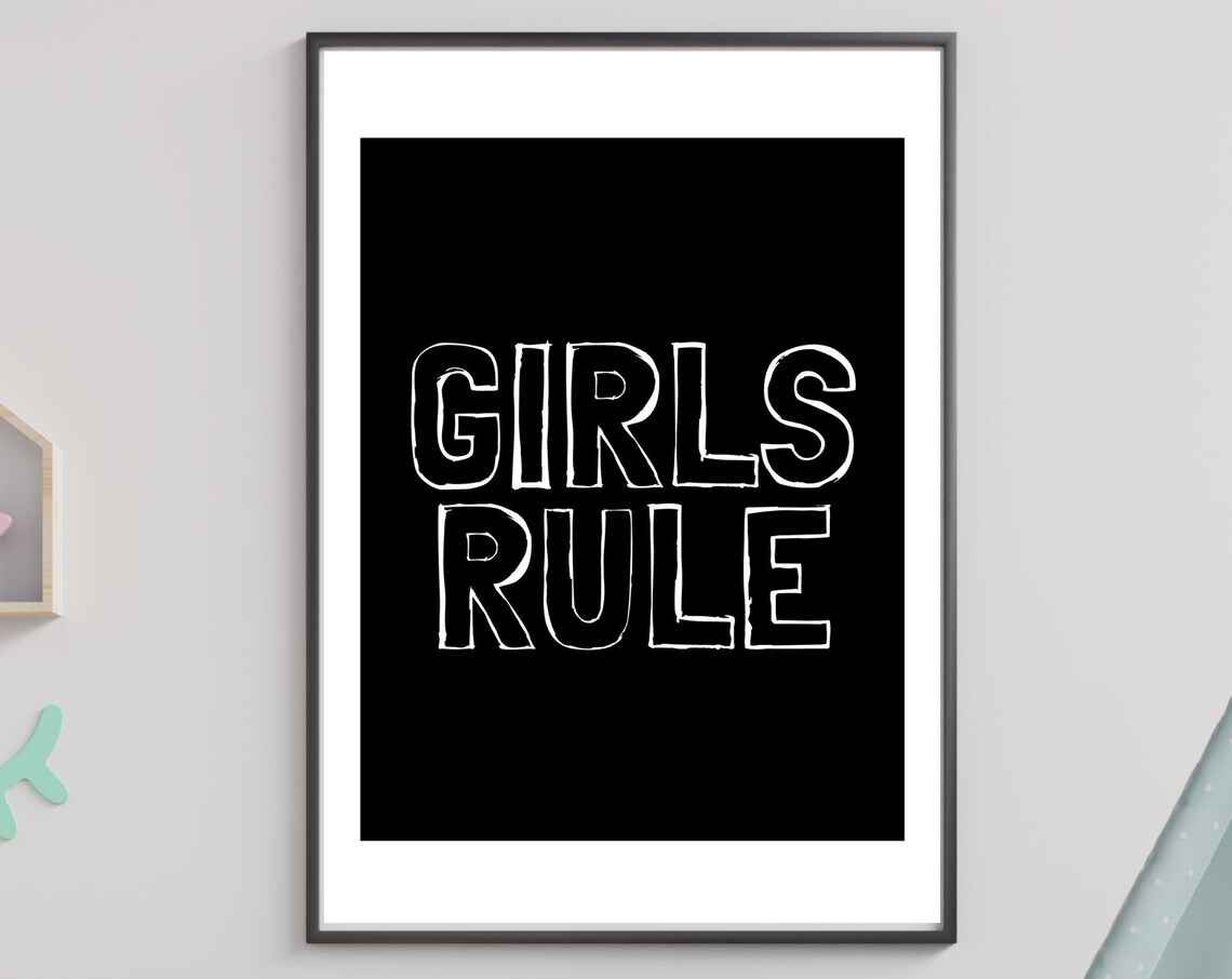 Girls Rule White Outline Black Minimalist Girls Bedroom Poster