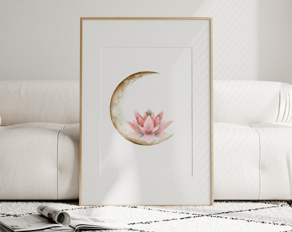 Zen Poster Lotus Print Moon Artwork Meditation Decor Relaxing Wall Art Watercolor Lotus Flower Calming Art Mindfulness Gift Instant