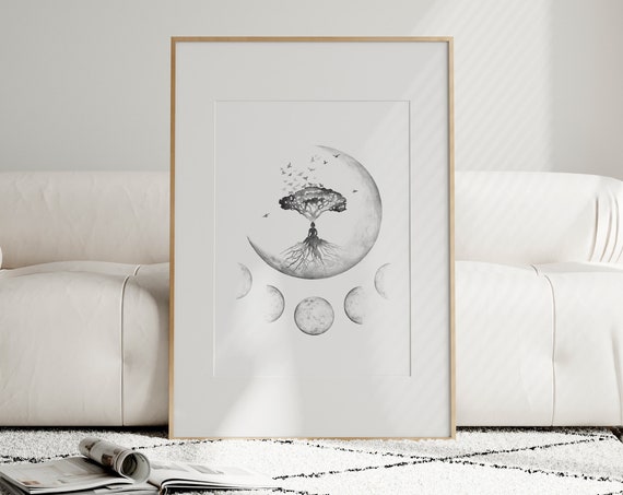 Meditation Art Tree Of Life Print Zen Wall Art Spiritual Artwork Buddha Meditating Poster Tranquility Decor Moon Phases