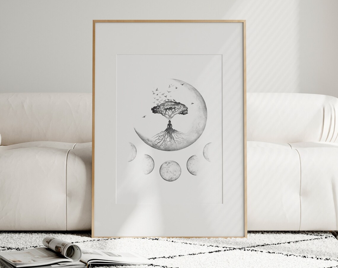 Tree Of Life Moon Phases Black White Meditation Spiritual Art Poster