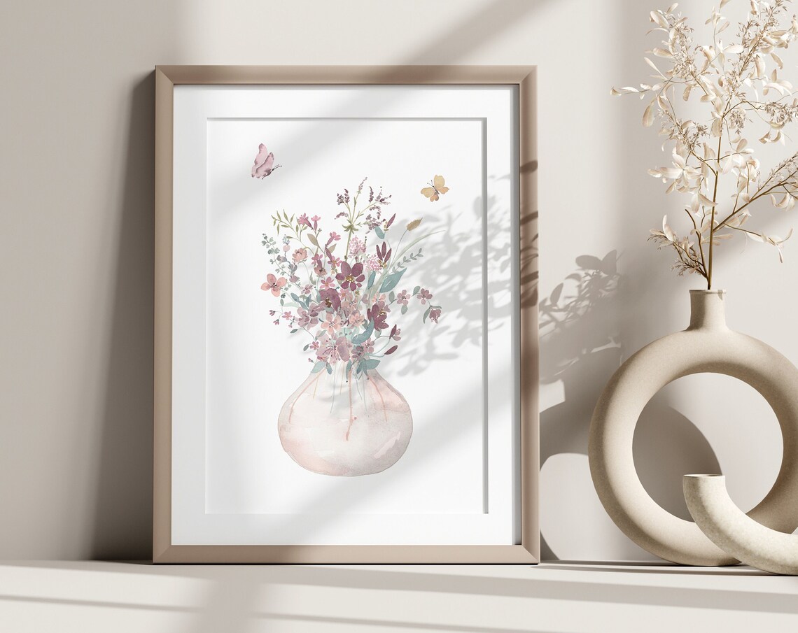 Neutral Boho Wildflower Bouquet Glass Vase Watercolor Art Poster