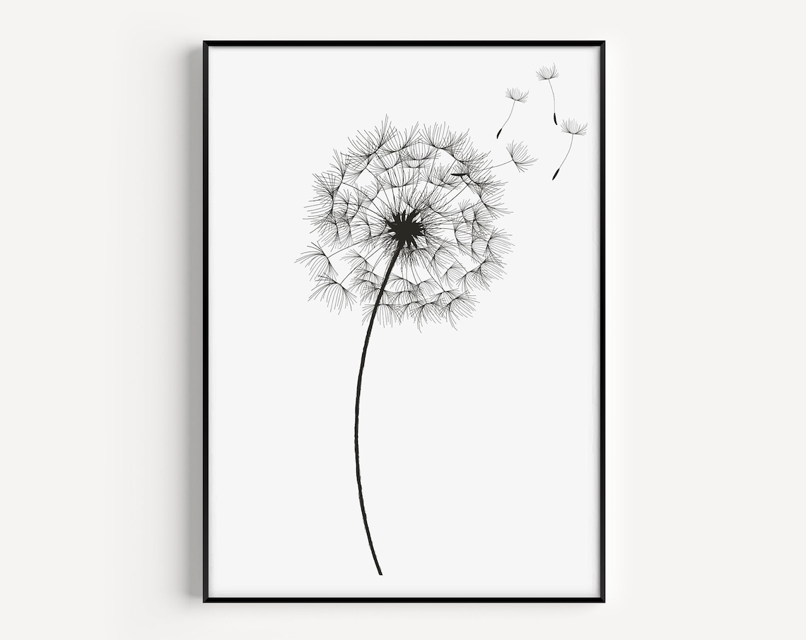 Dandelion Botanical Print, Minimalist Black White
