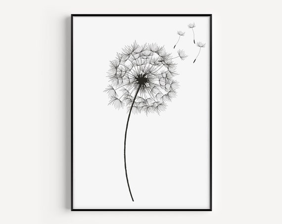 Dandelion Botanical Print, Minimalist Black White