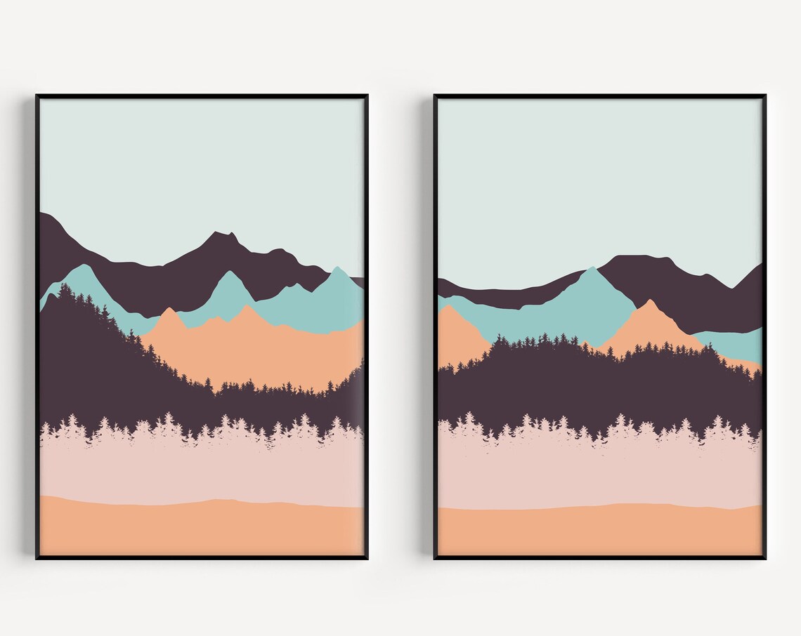 Mountain Prints Set Of Minimalist Art Landscape Pink Print Wall