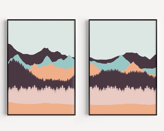 Mountain Prints Set Of Minimalist Art Landscape Pink Print Wall