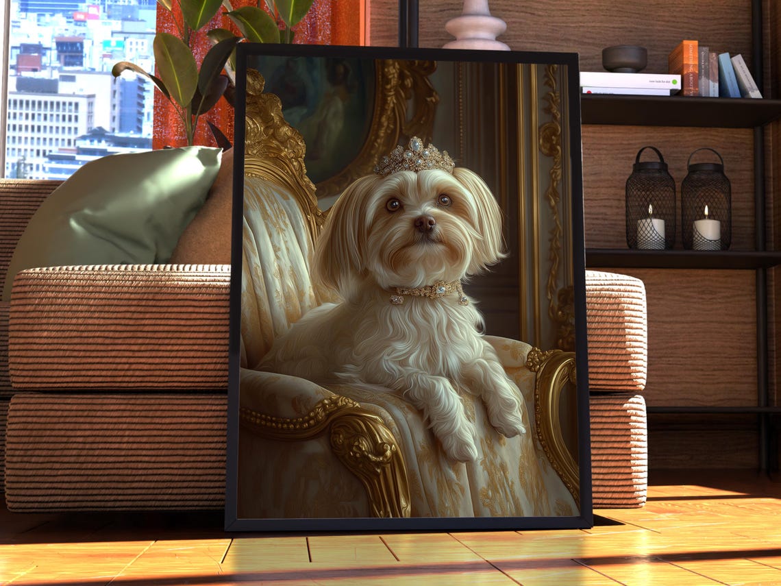 Maltese Royal Portrait Crown Regal Dog Throne Cute Pet Art Poster