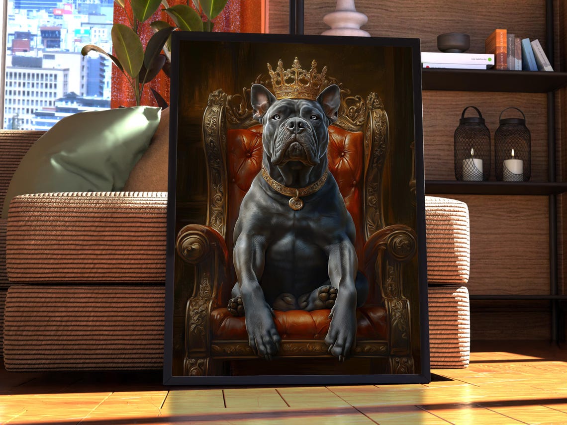 Crowned Black Cane Corso with Gold Collar on Throne Wall Art
