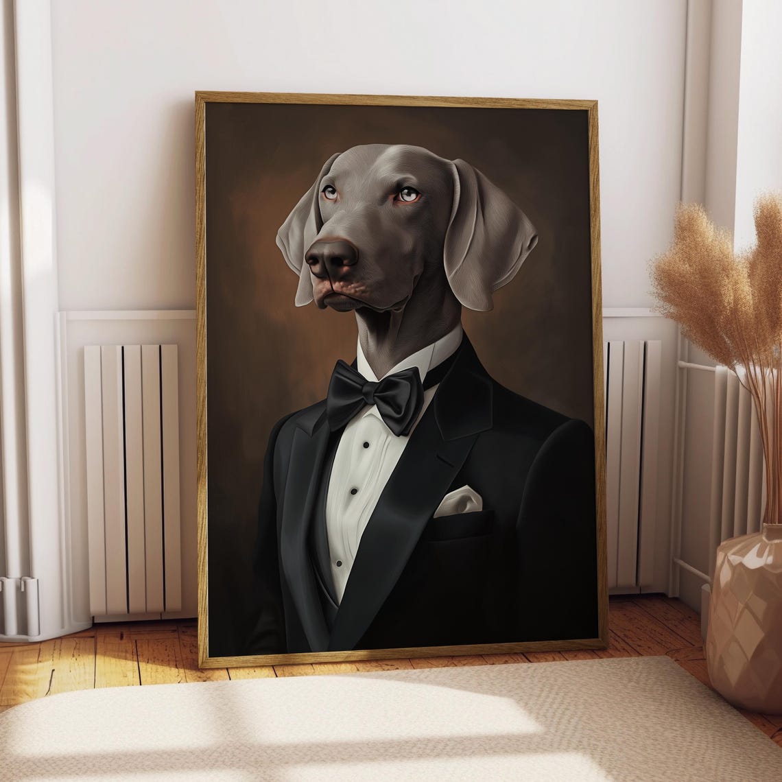Weimaraner in Black Tuxedo Portrait Print Bow Tie Gentleman Dog