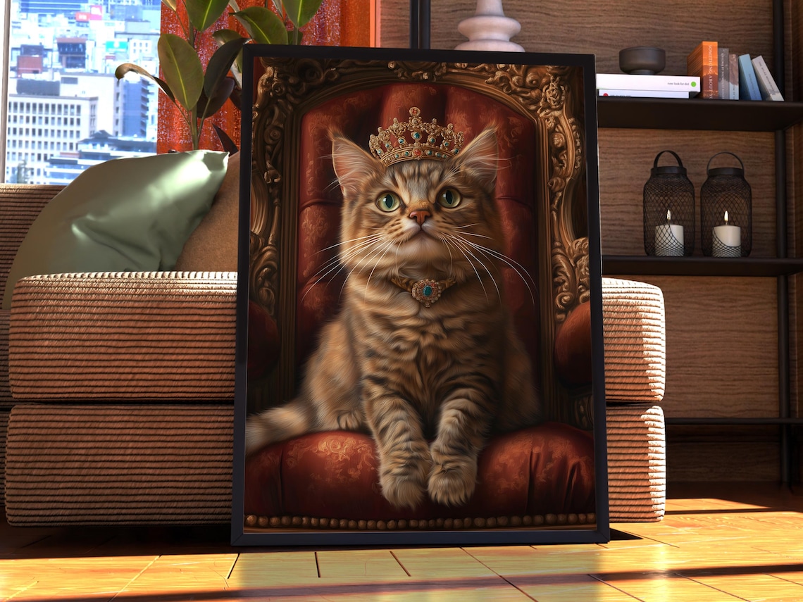Noble Tabby Cat in Jeweled Gold Crown on Crimson Throne Animal Poster