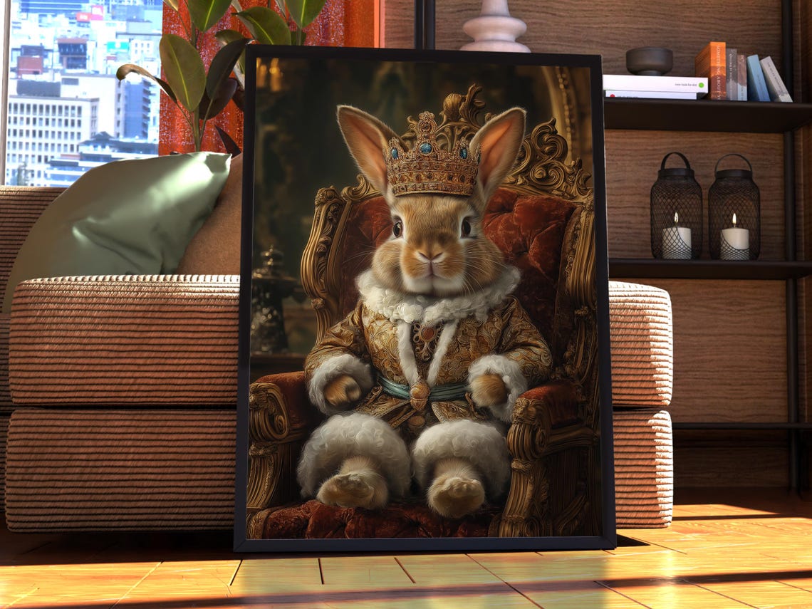 Royal Bunny in Crown Velvet Robe Throne Portrait Poster Pet Gift