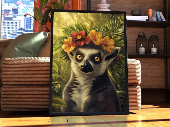 Maximalist Lemur Poster Floral Animal Print Wall Art Portrait Vintage Funky Colourful