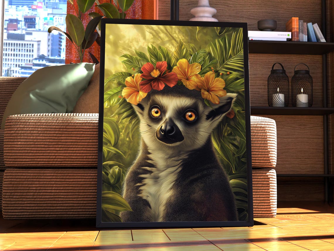 Lemur Floral Crown Maximalist Lush Tropical Jungle Animal Poster