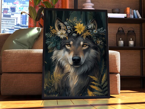 Maximalist Wolf Poster Floral Animal Print Wall Art Portrait Vintage Funky Colourful