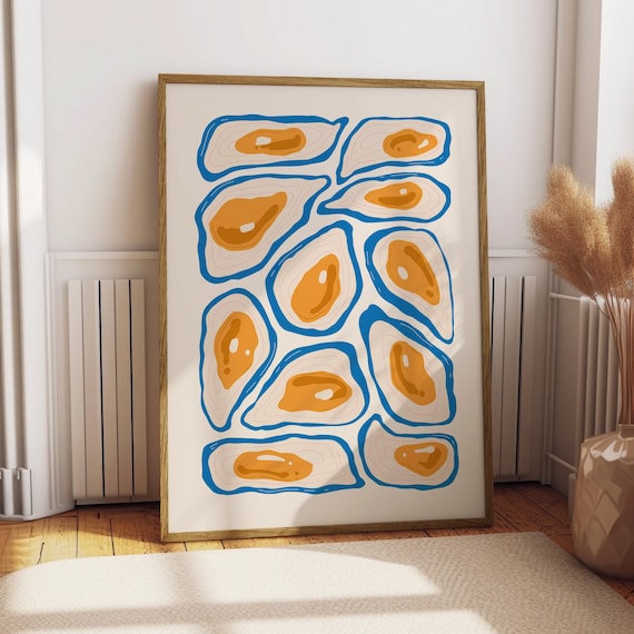 Oyster Shell Pattern Abstract Poster Blue Orange Seafood Kitchen Art