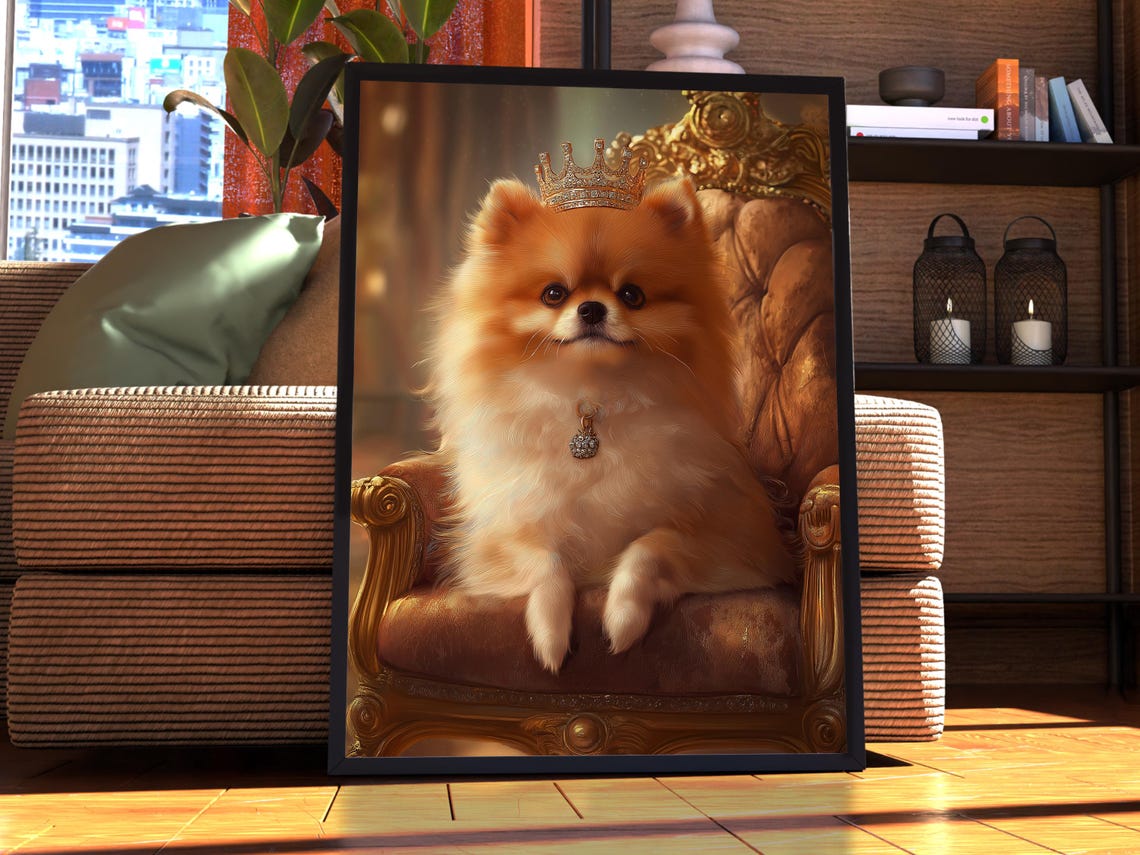 Pomeranian Royal Portrait Fluffy Crowned King Dog Throne Poster