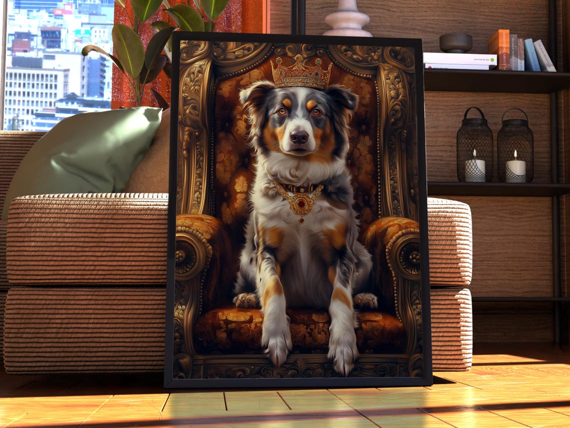 Australian Shepherd Royal Crown Throne Portrait Regal Dog Poster