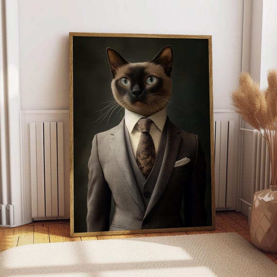 Tokinese Cat Suit Portrait Poster Funny Art Custom Pet Wall Gift For Owner Vintage White