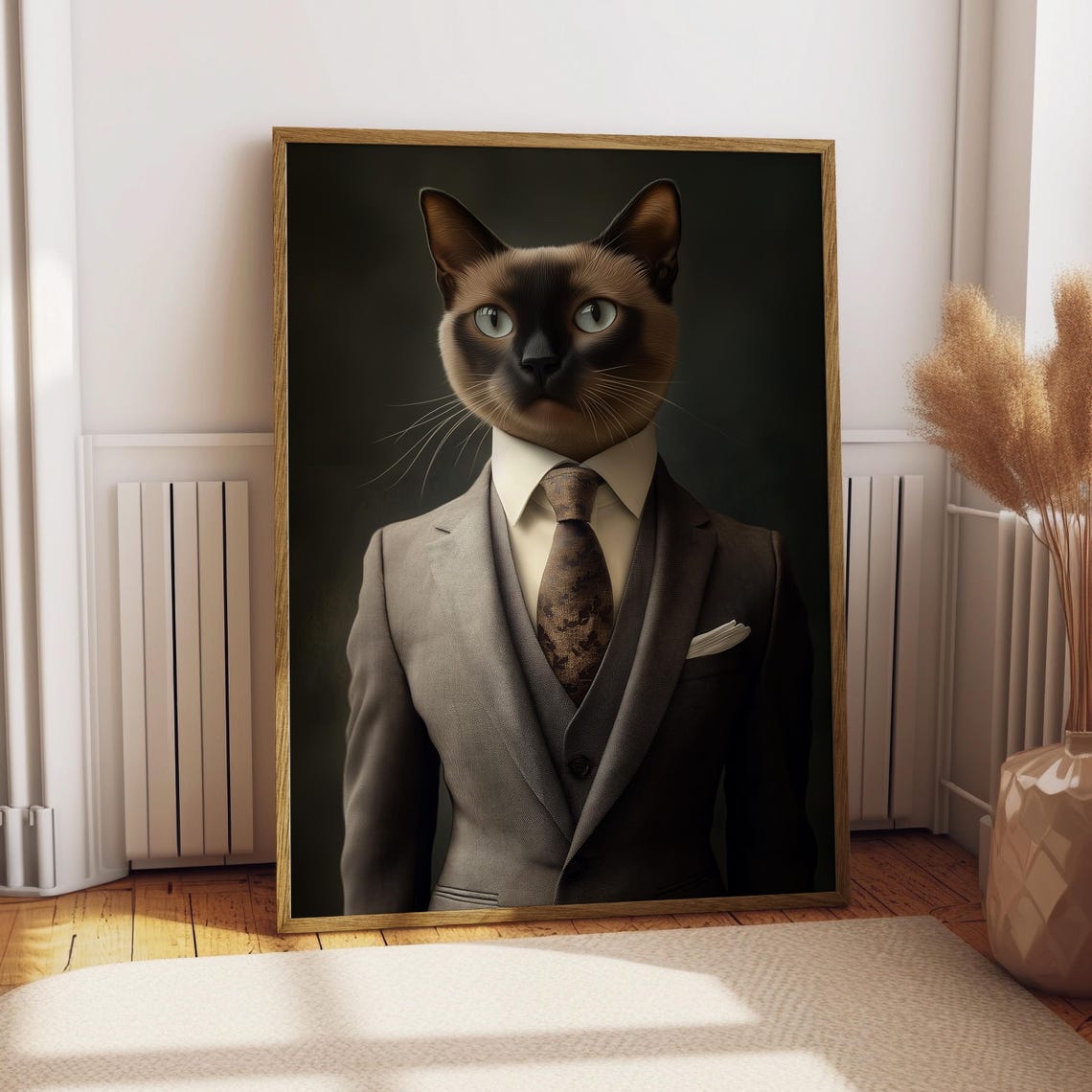 Siamese Cat in Gray Suit Portrait Print Patterned Tie Gentleman Pet