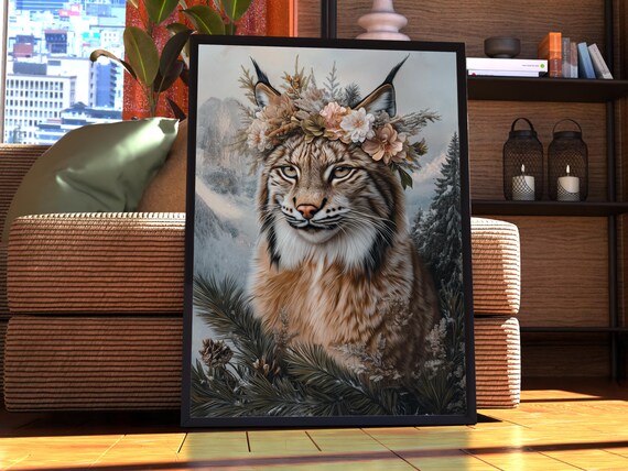 Maximalist Lynx Poster Floral Animal Print Wall Art Portrait Vintage Funky Colourful
