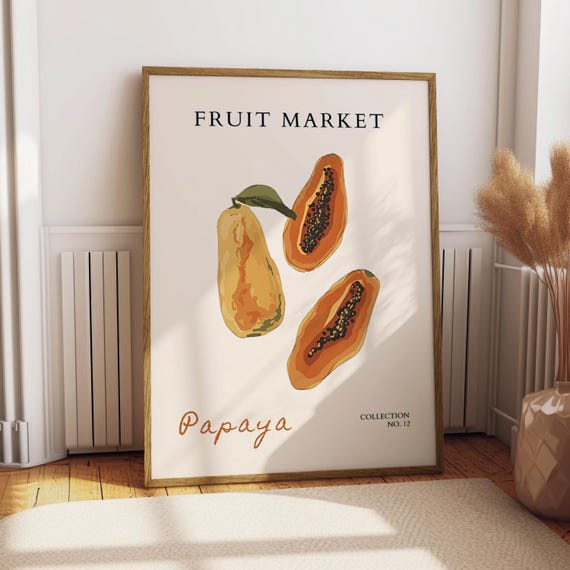 Papaya Fruit Market Poster Food Kitchen Decor Print Illustration Gift For Lover Art