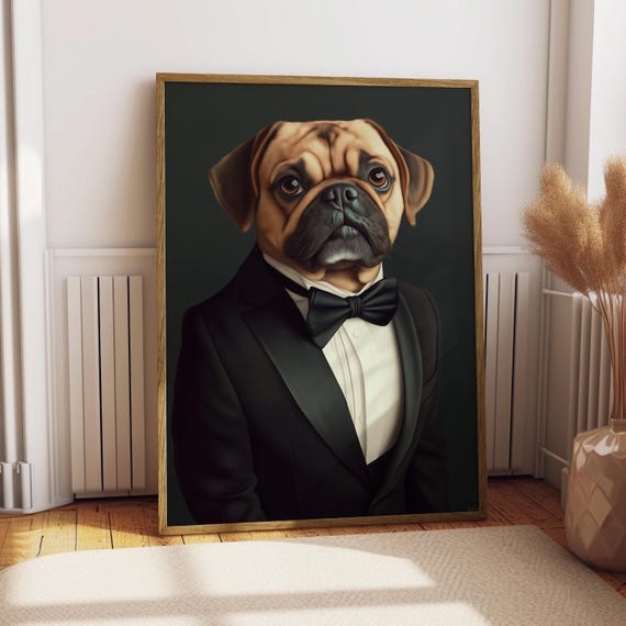 Pug In Suit Portrait Dog Poster Pet Custom Art Funny Gift For Lover Puggle