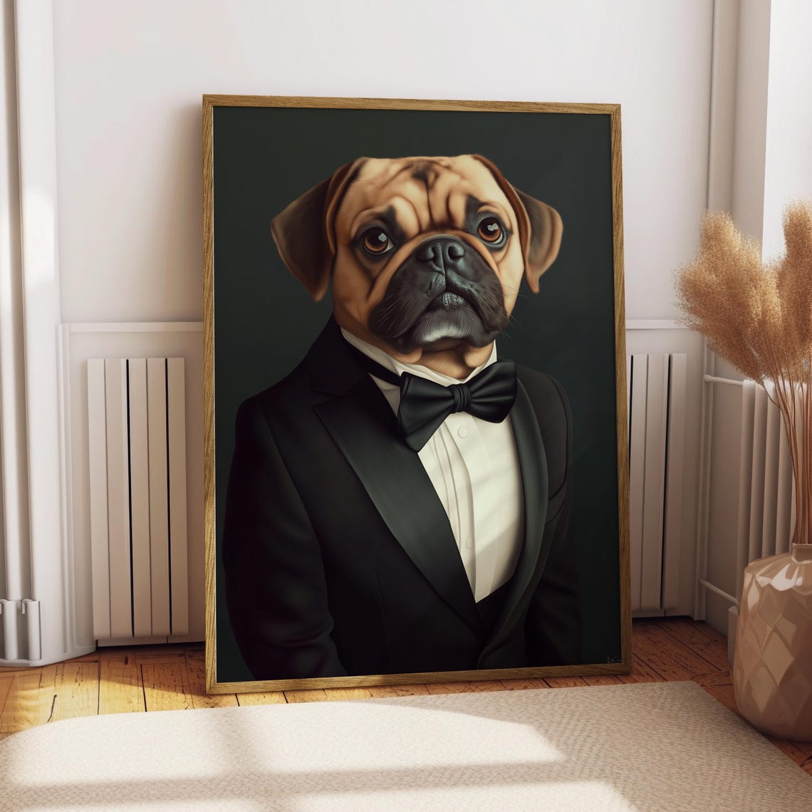 Pug in Black Tuxedo Bow Tie Formal Gentleman Dog Portrait Poster