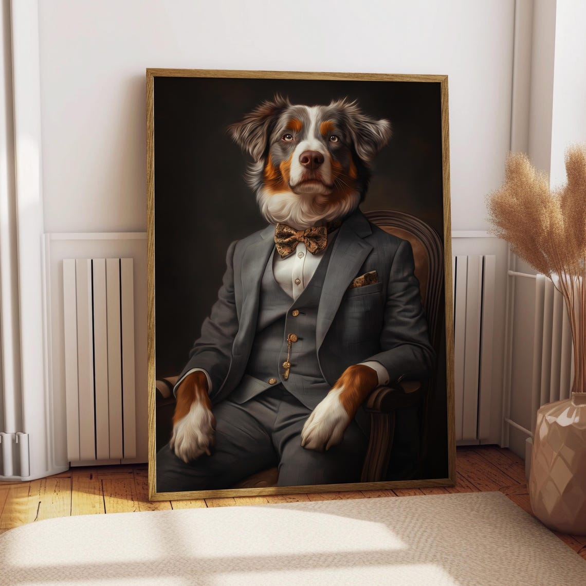 Australian Shepherd Dog in Suit Bow Tie Gentleman Pet Portrait Poster