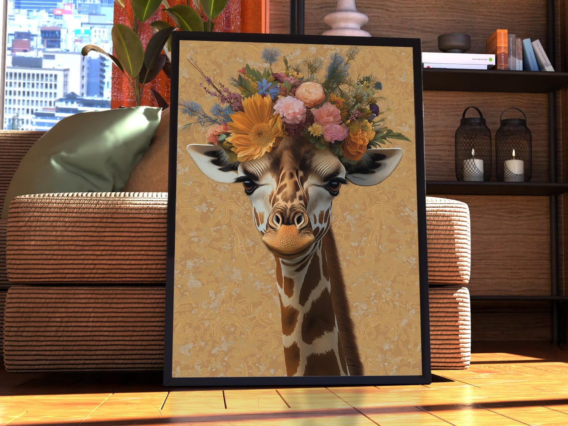 Giraffe Floral Crown Portrait Gold Maximalist Safari Animal Poster