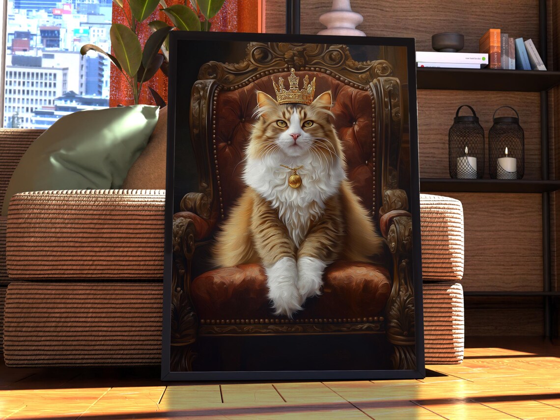 Orange Long Hair Cat Royal Crown Throne Portrait Funny Wall Art