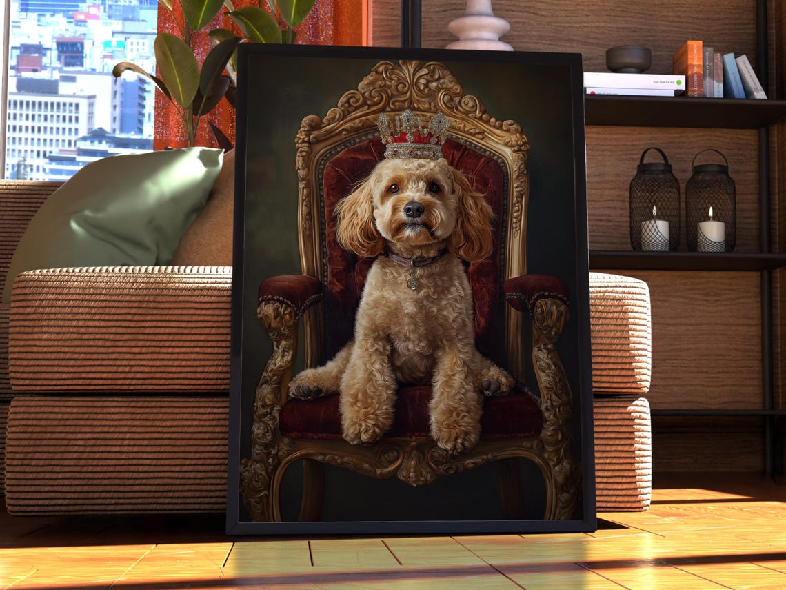 Cockapoo Dog King Royal Crown Portrait On Velvet Throne Poster
