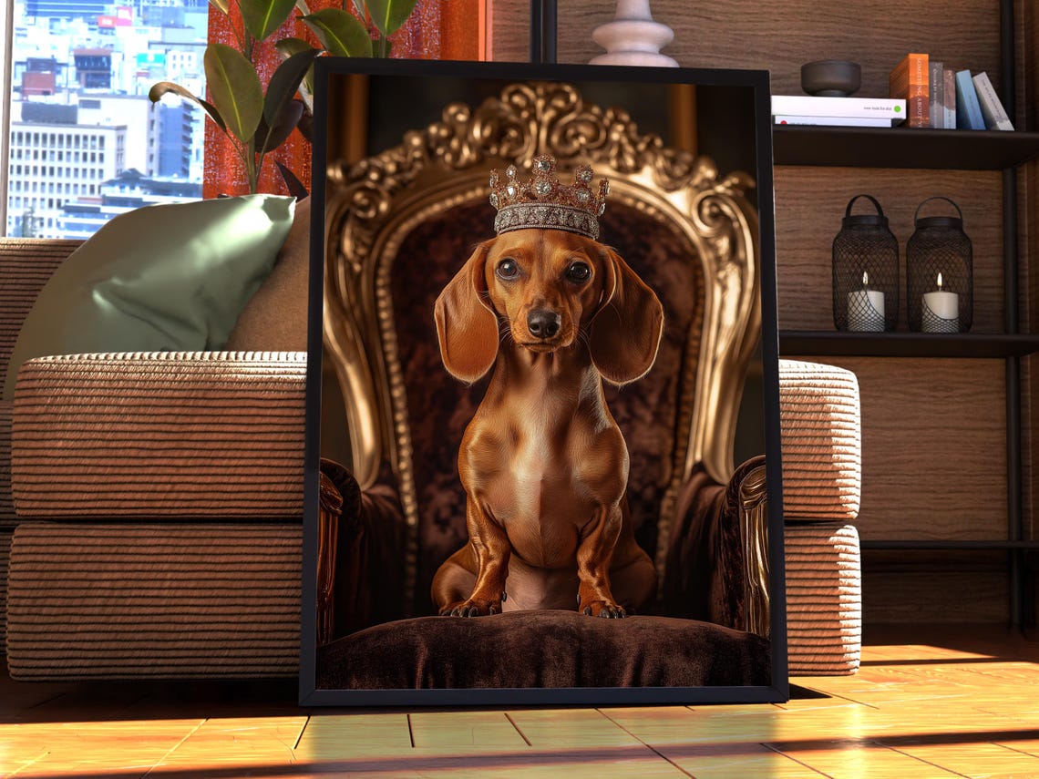 Dachshund Royal Portrait Poster Crowned Dog on Ornate Golden Throne