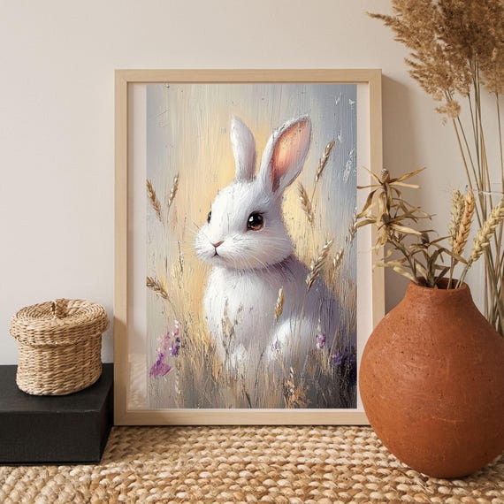 Easter Bunny Print Cute Rabbit Neutral Spring Flower Nursery Animal Decor Vintage Art
