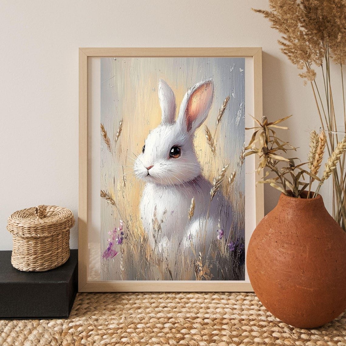White Bunny in Golden Wheat Field Cute Spring Nursery Art Print