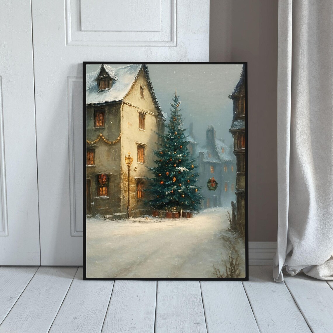Snowy Christmas Village Street Oil Painting Winter Town Scene Poster
